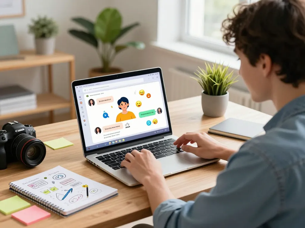 Engaging chat scene on Crushon AI with a person interacting dynamically with an AI chatbot in a vibrant home office.