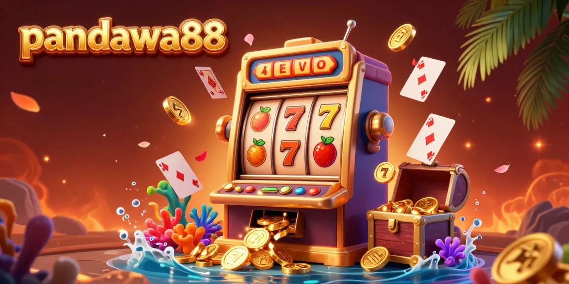 Pandawa88 presents an exciting slot machine scene featuring lucky symbols and coins representing the thrill of online gaming.