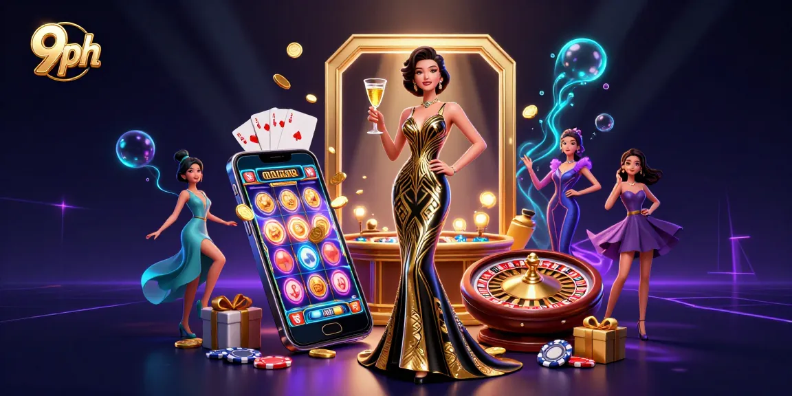 Engage with 9ph casino featuring an elegant Asian woman in a glamorous setting, showcasing rich game elements.