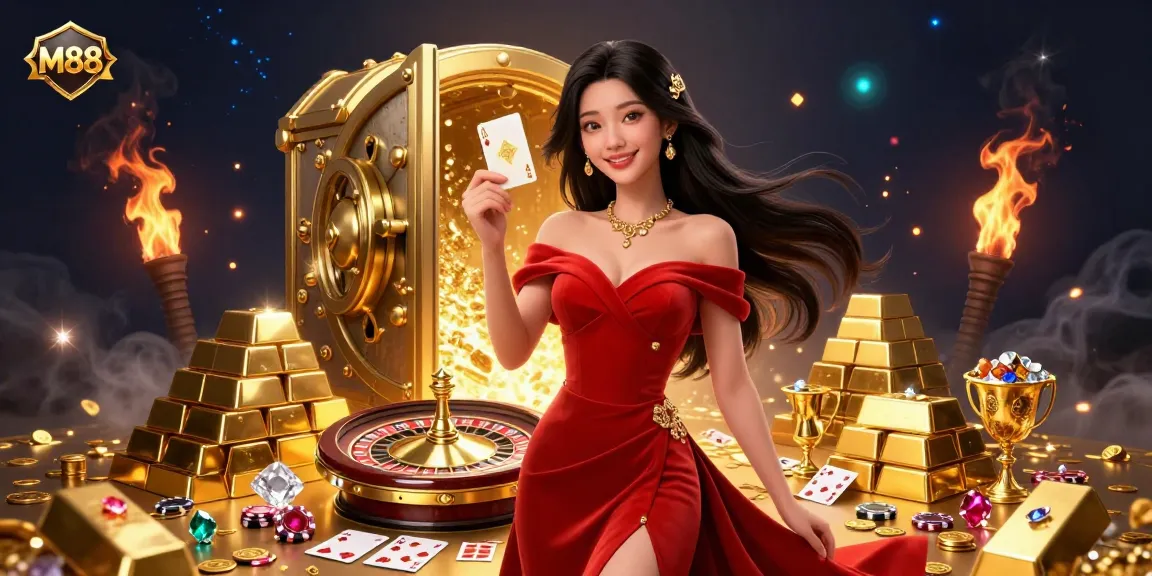 M88 casino animated scene showcasing a confident Asian woman holding a playing card near a golden roulette wheel.