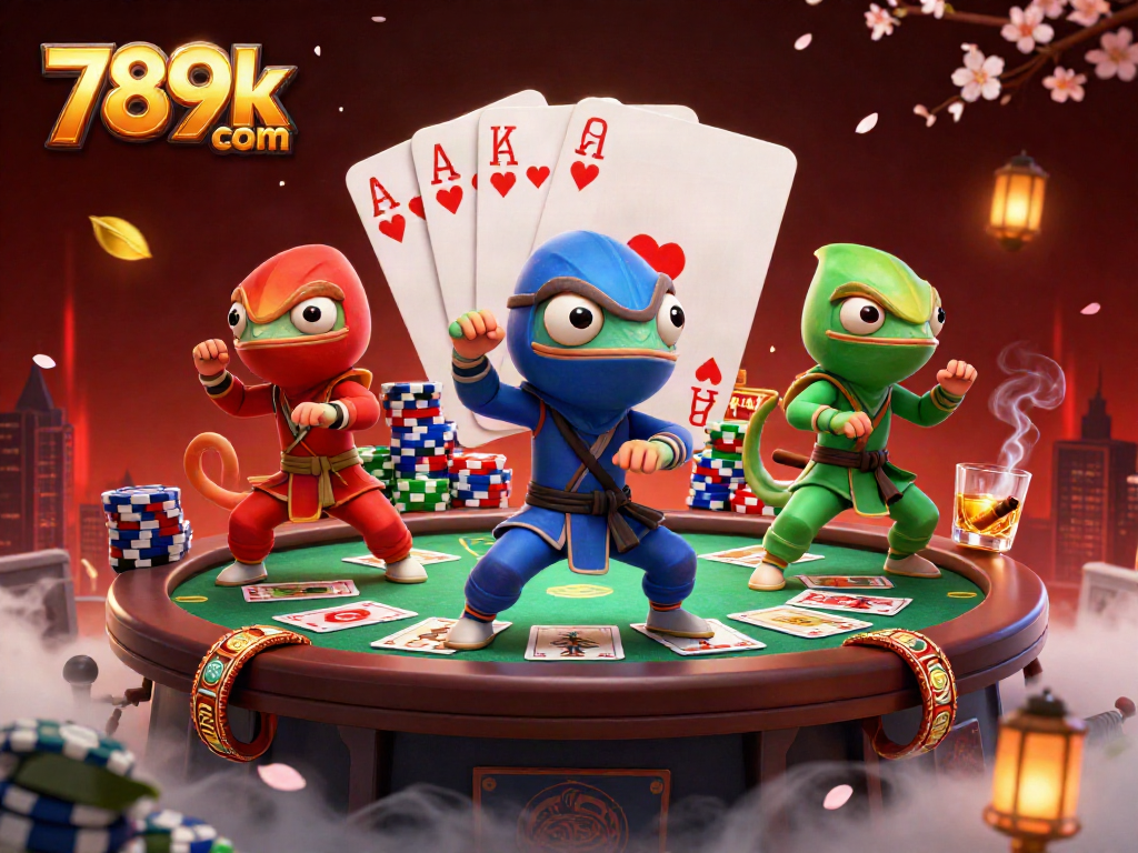 Engaging 3D scene with ninja chameleons showcasing poker action at 789k com casino.
