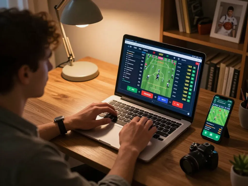 33win user engaging in live sports betting through laptop and smartphone in a cozy home office.