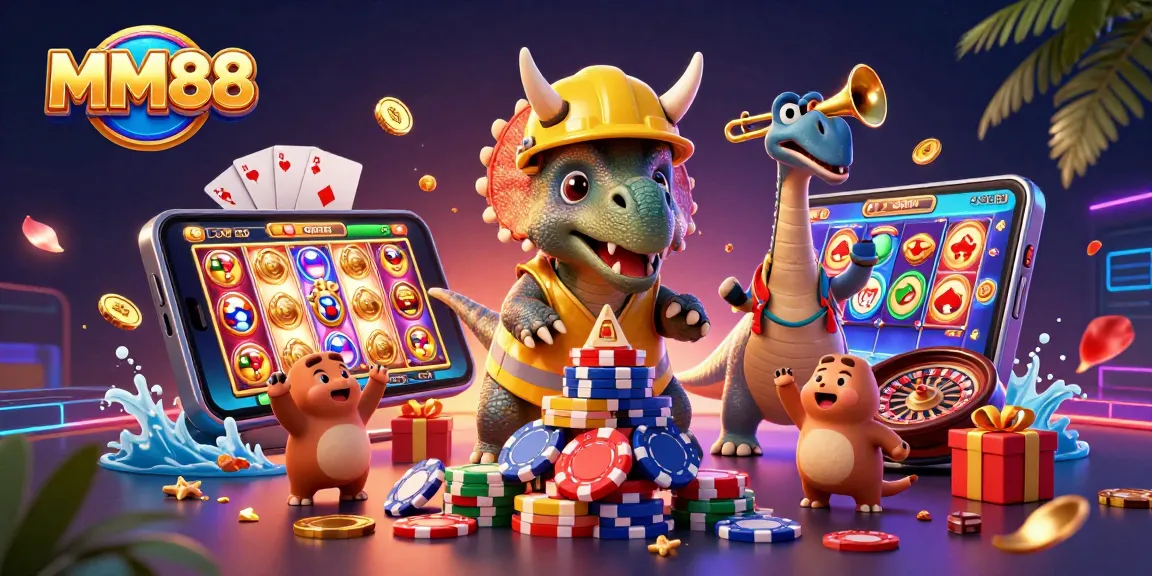 Engage in thrilling MM88 gaming with a vibrant scene featuring a triceratops and exciting casino elements.