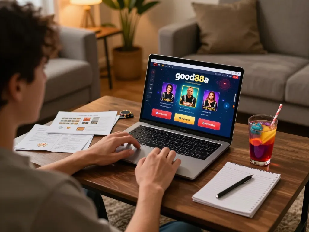Player enjoys online gaming experience with good88a on a laptop in a cozy setting.