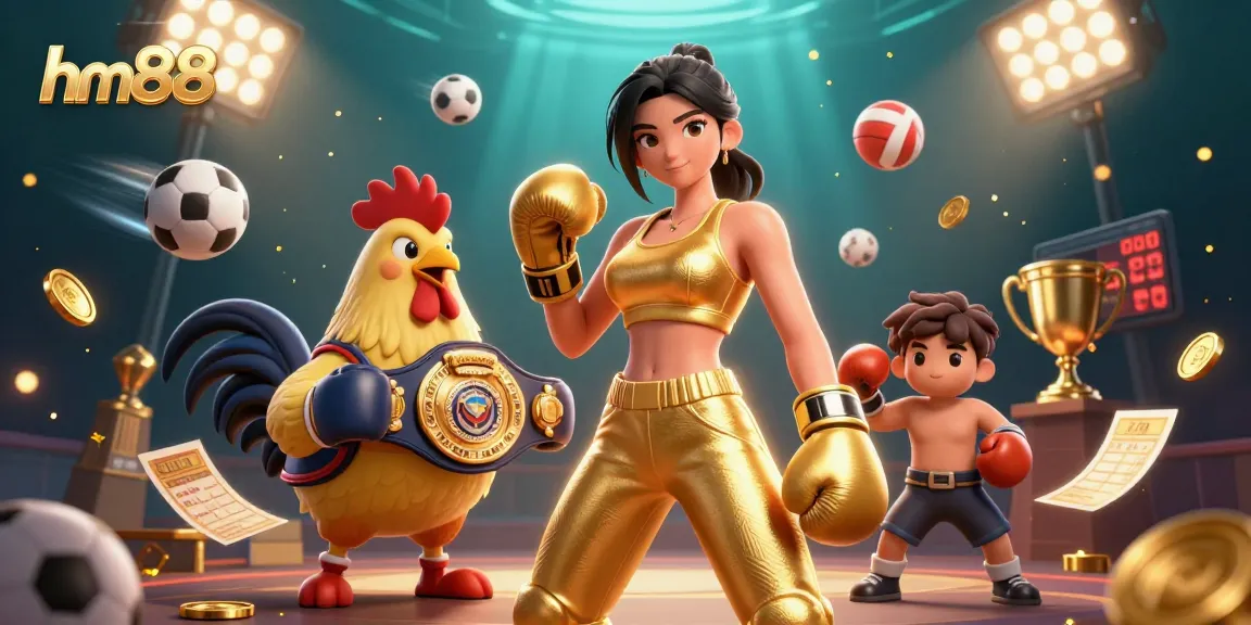 Bet on competitive odds at hm88 casino, featuring a powerful athlete and championship rooster in a dynamic gaming scene.