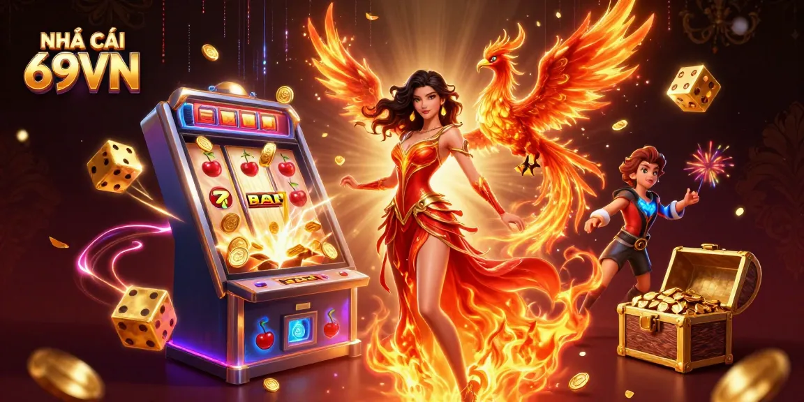 Experience thrilling gaming action with NHÀ CÁI 69VN's vibrant casino elements and dynamic characters.