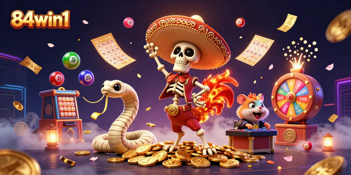 Experience winnings with 84win1 in a vibrant scene of animated casino excitement featuring lottery and gaming elements.