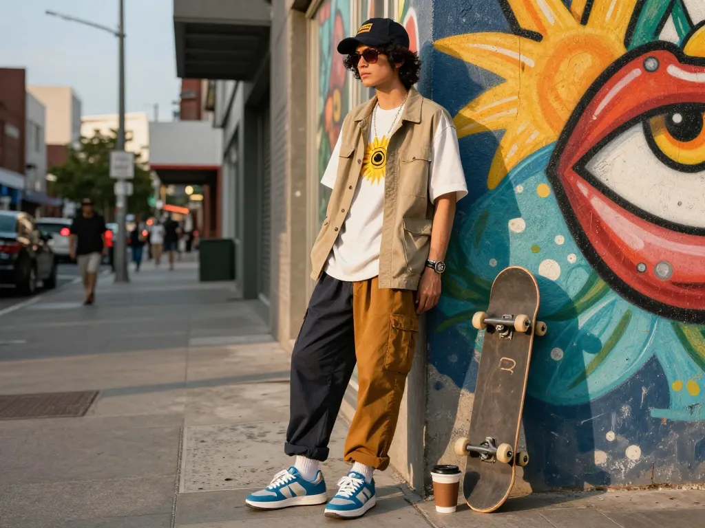 Stylish individual wearing sunwin fashion outfit in urban setting, vibrant mural backdrop.