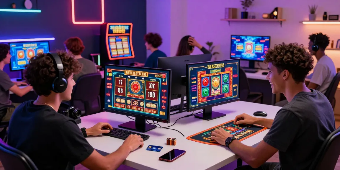 Players enjoying various games at credit card casinos featuring laptops, vibrant graphics, and a lively atmosphere.