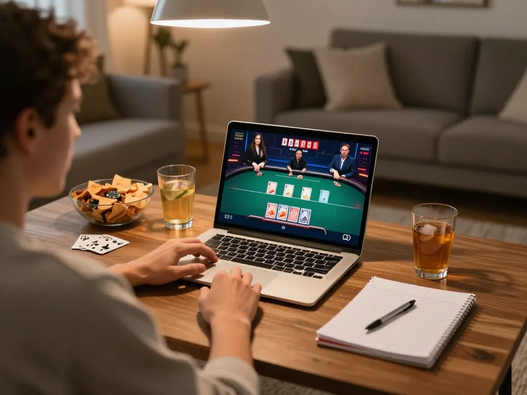 33WIN player engaged in strategic poker game online, showcasing notes and snacks for a balanced gaming atmosphere.