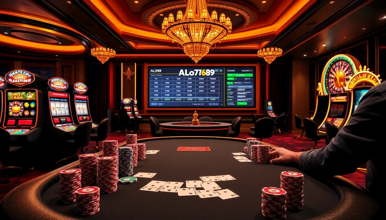 Gamble at ALo789's high-stakes casino table, featuring vibrant poker chips and cards.