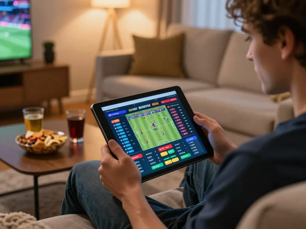 SOC88 user engaging in online sports betting using a tablet at home, showcasing live odds and match data.