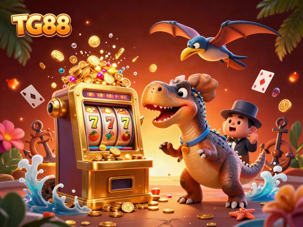 Experience jackpot excitement at TG88 with cartoon dinosaurs, a golden slot machine, and flying coins!