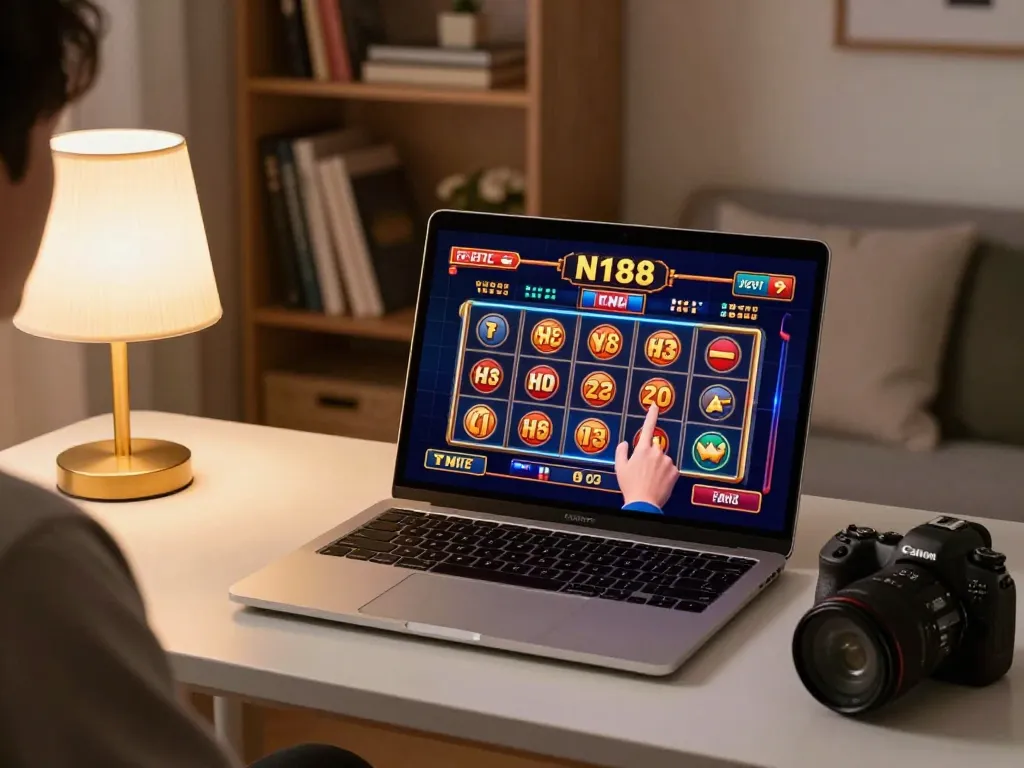 N188 game interface with a player strategizing on a laptop in a cozy home setup