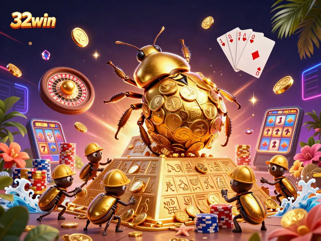 Experience exhilarating wins with 32win's vibrant casino action featuring animated golden beetles and cascading coins.