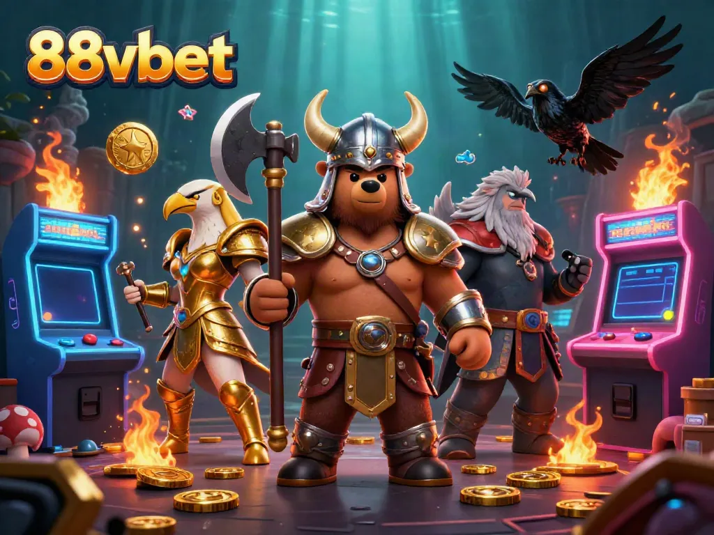 Engage with exciting games at 88vbet, illustrated by a Viking bear and Valkyrie eagle in a rich casino setting.