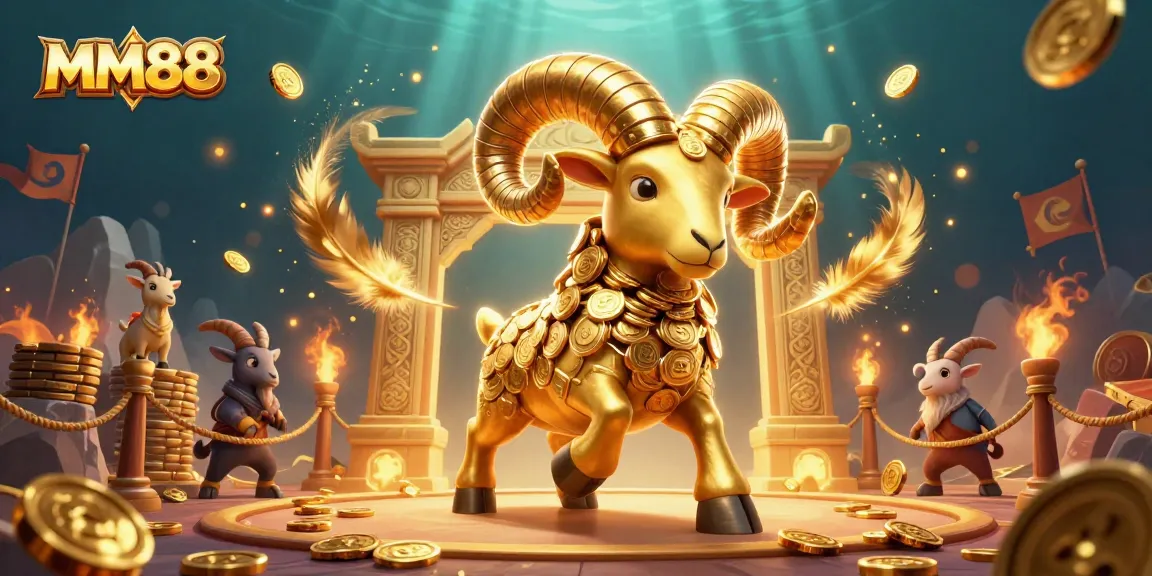 Experience the thrill of MM88 with a dynamic illustration featuring a golden ram charging through a casino-themed arena.