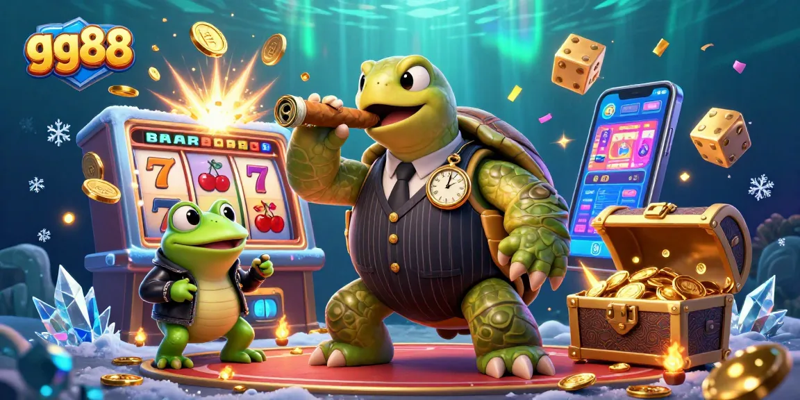 Experience thrilling games at gg88 with a dynamic cartoon casino scene featuring a turtle mobster and jackpots.