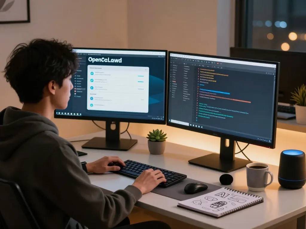 Dynamic tech workspace featuring OpenClawd interface and coding setup.
