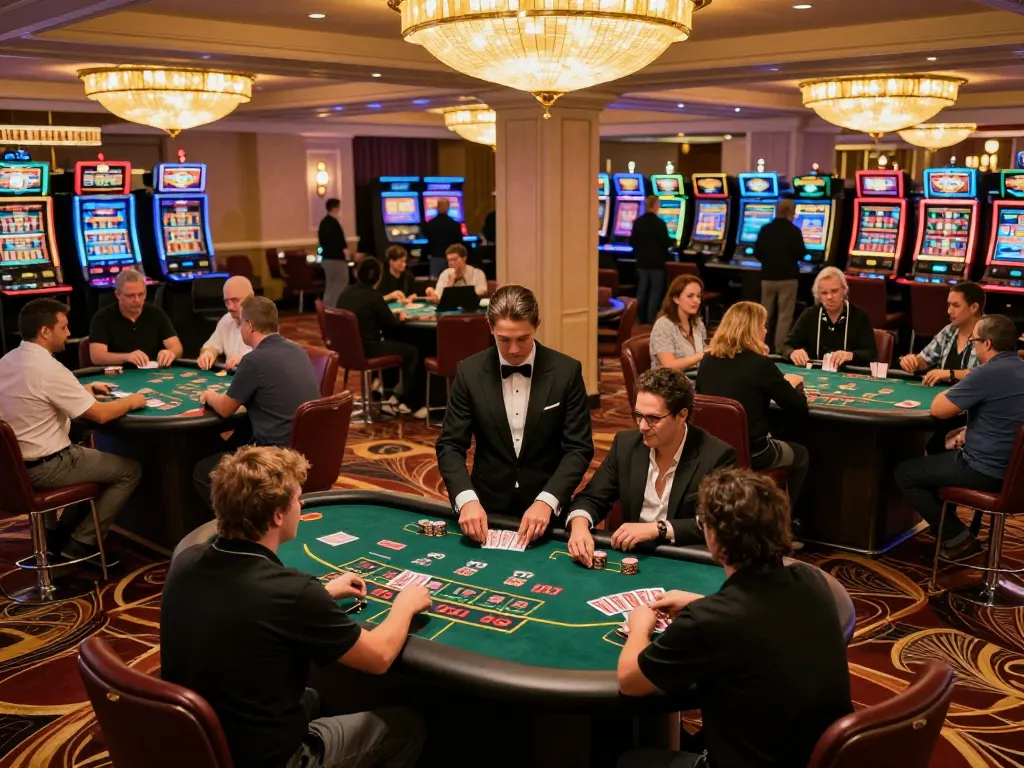 Players enjoying blackjack at PUB88 casino, lively atmosphere with dealers managing bets and strategies.