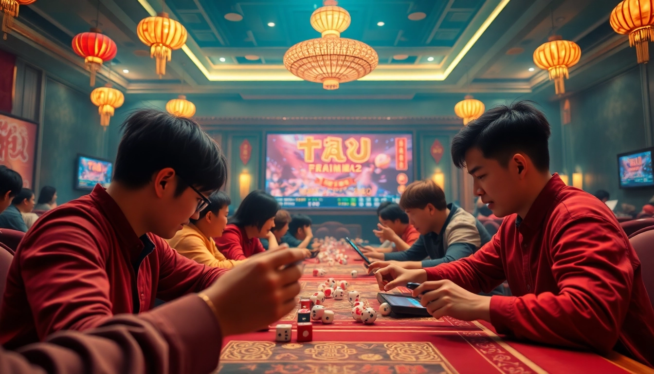 Tài xỉu online gaming experience with players celebrating wins and animated dice.