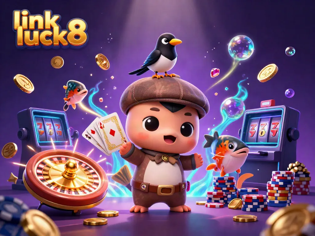 Spin the slots and win big with link luck8 amidst a playful casino scene featuring Nessie.