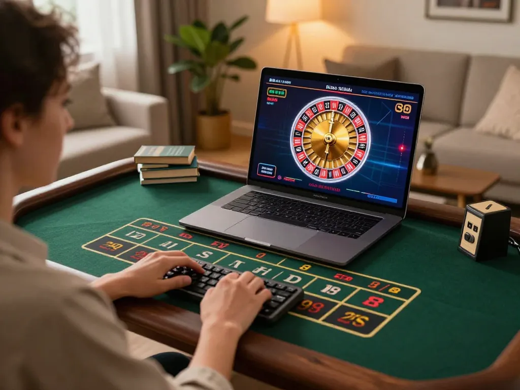Engaging in online casino gaming tại luck8 through a laptop in a cozy home setting, showcasing responsible gambling.