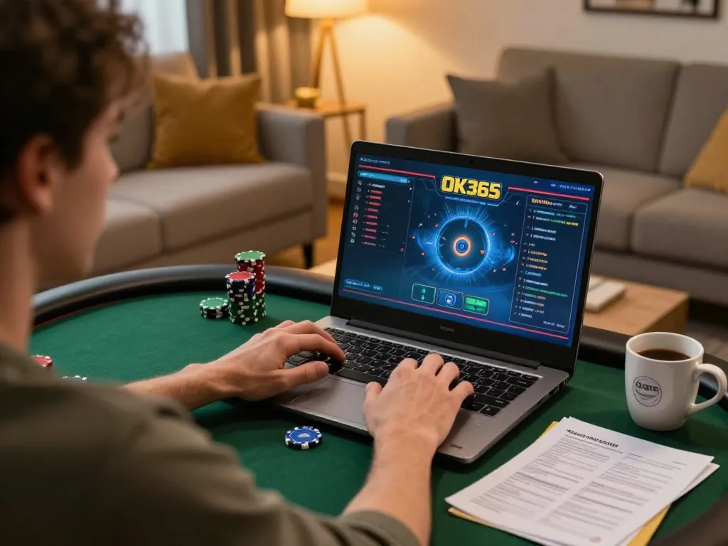 Player strategizing a poker game on OK365 in a cozy living room.