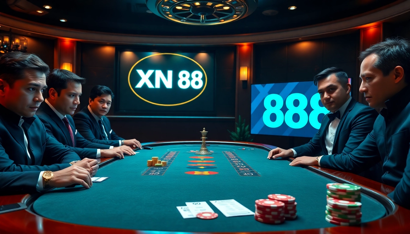 Experience the thrill of gaming with XN 88 as players engage at the poker table in a vibrant casino scene.