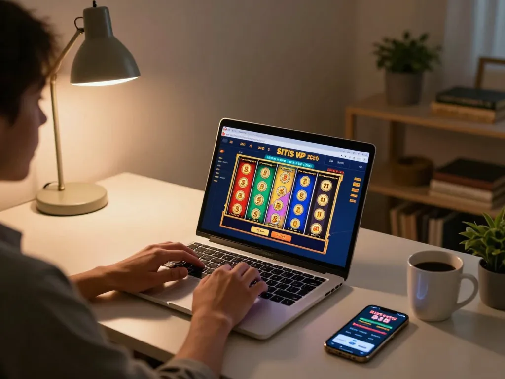 Engaging with situs slot games on a laptop in a cozy home office, focusing on strategic play.
