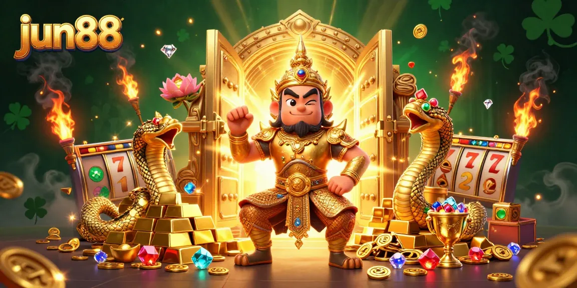 jun88 gambling with a vibrant 3D scene featuring golden treasure and slot elements.