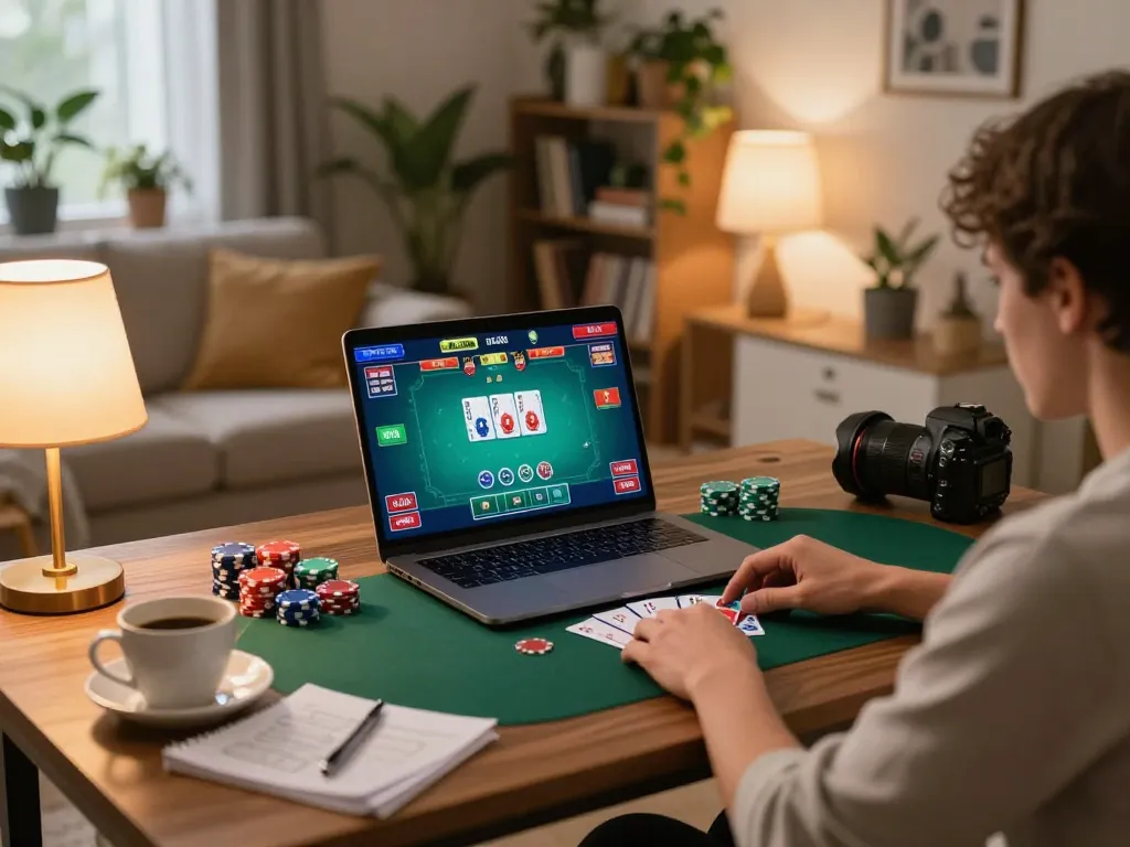 Engaged player using a laptop for sunwin online poker, showcasing dynamic gameplay and responsible betting.