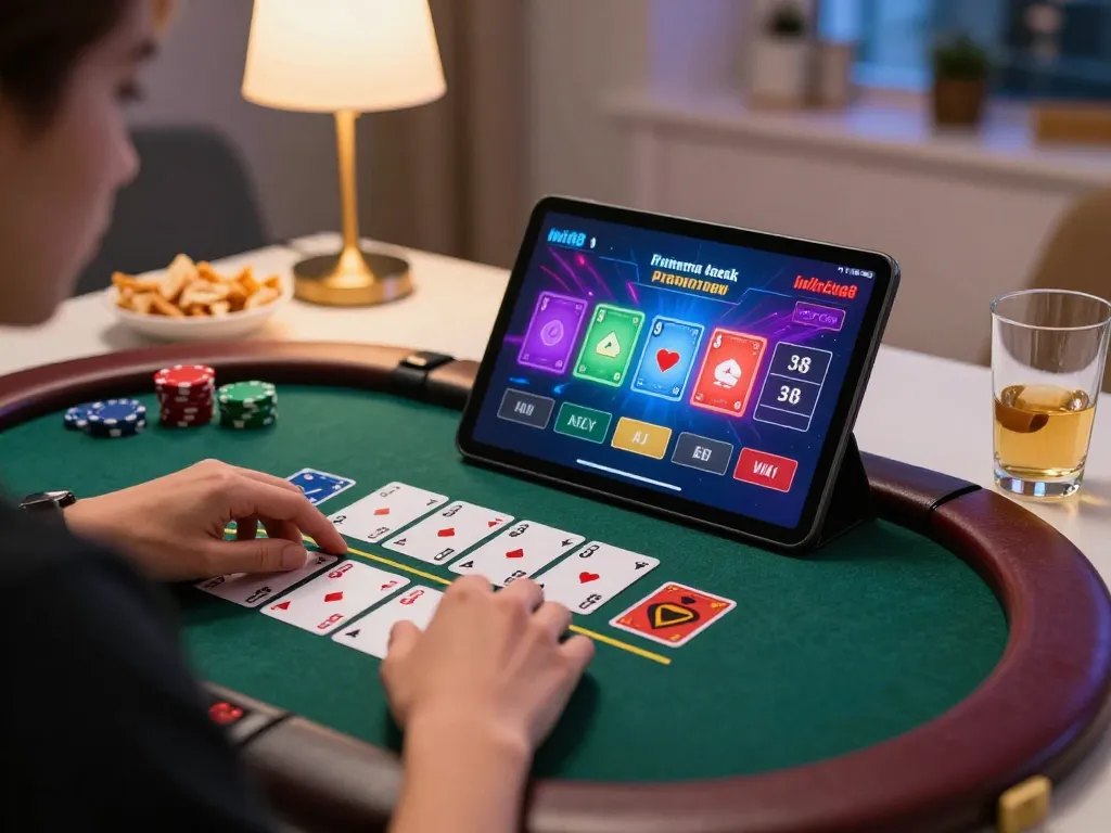 Exciting online blackjack gameplay on iwin68 tablet, vibrant scene showcasing gaming atmosphere.