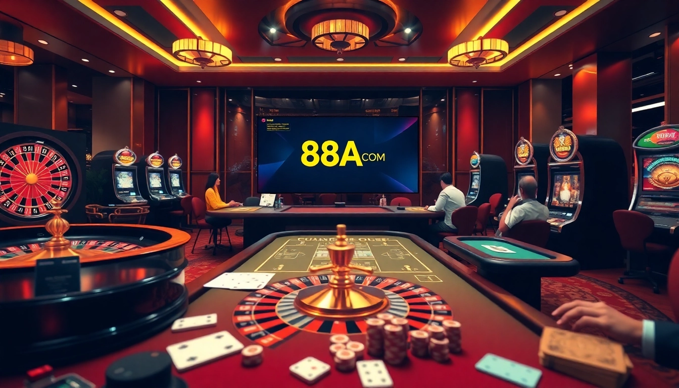Experience the exhilarating online casino vibe with the 88AA COM logo featured on luxurious tables and slot machines.
