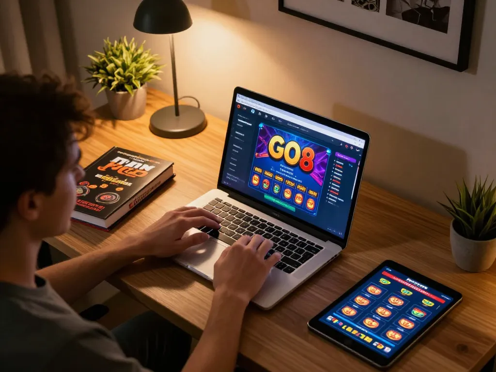 Player intensely engaged in GO8 online casino gaming on laptop, showcasing strategic gameplay