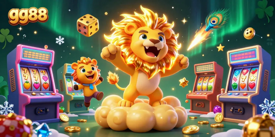 Engage with the thrilling atmosphere of gg88, featuring a roaring lion and vibrant casino elements.