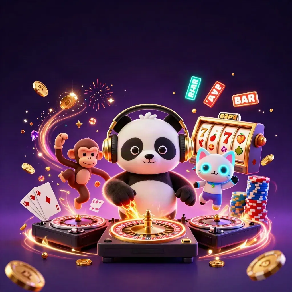 DJ panda, dancing monkey and rave kitten amid casino lights, coins and glowing reels