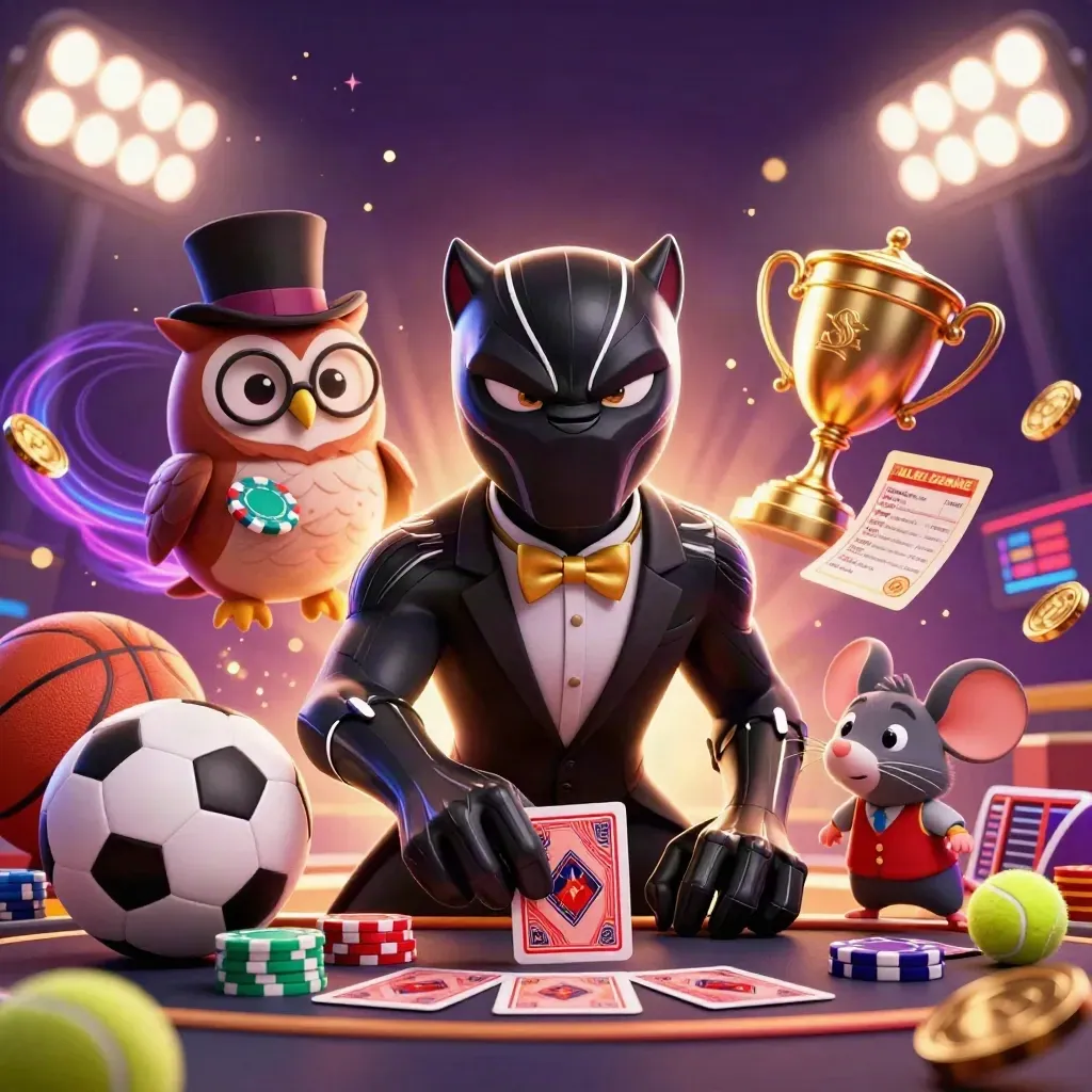 Panther, owl, and mouse amid flying sports balls, coins, trophy, and casino glow