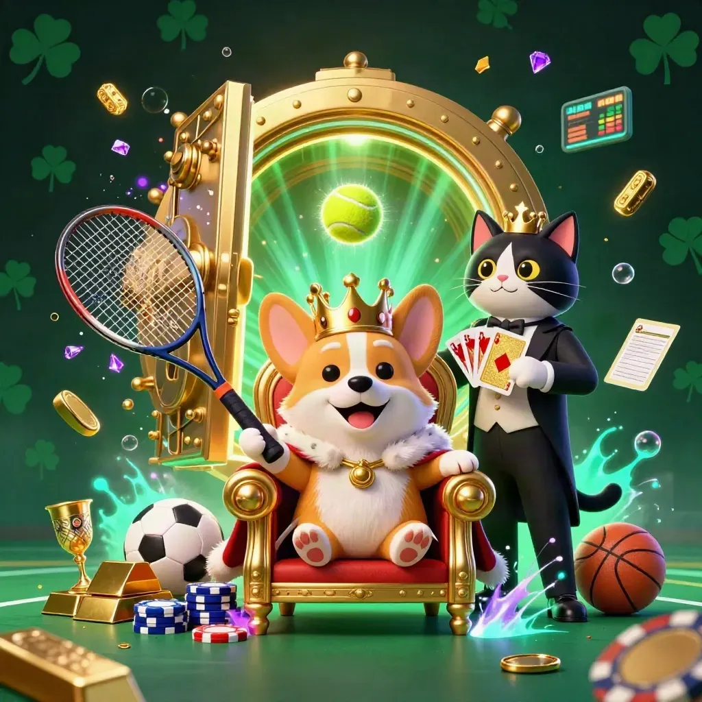 Royal corgi and cat butler amid vault gold, sports balls, and a tennis set-point burst.
