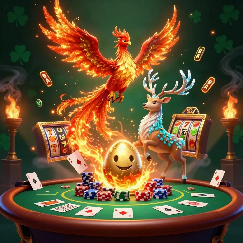 Phoenix, baby phoenix, and crystal stag amid casino chips, cards, reels, and glowing gold light.