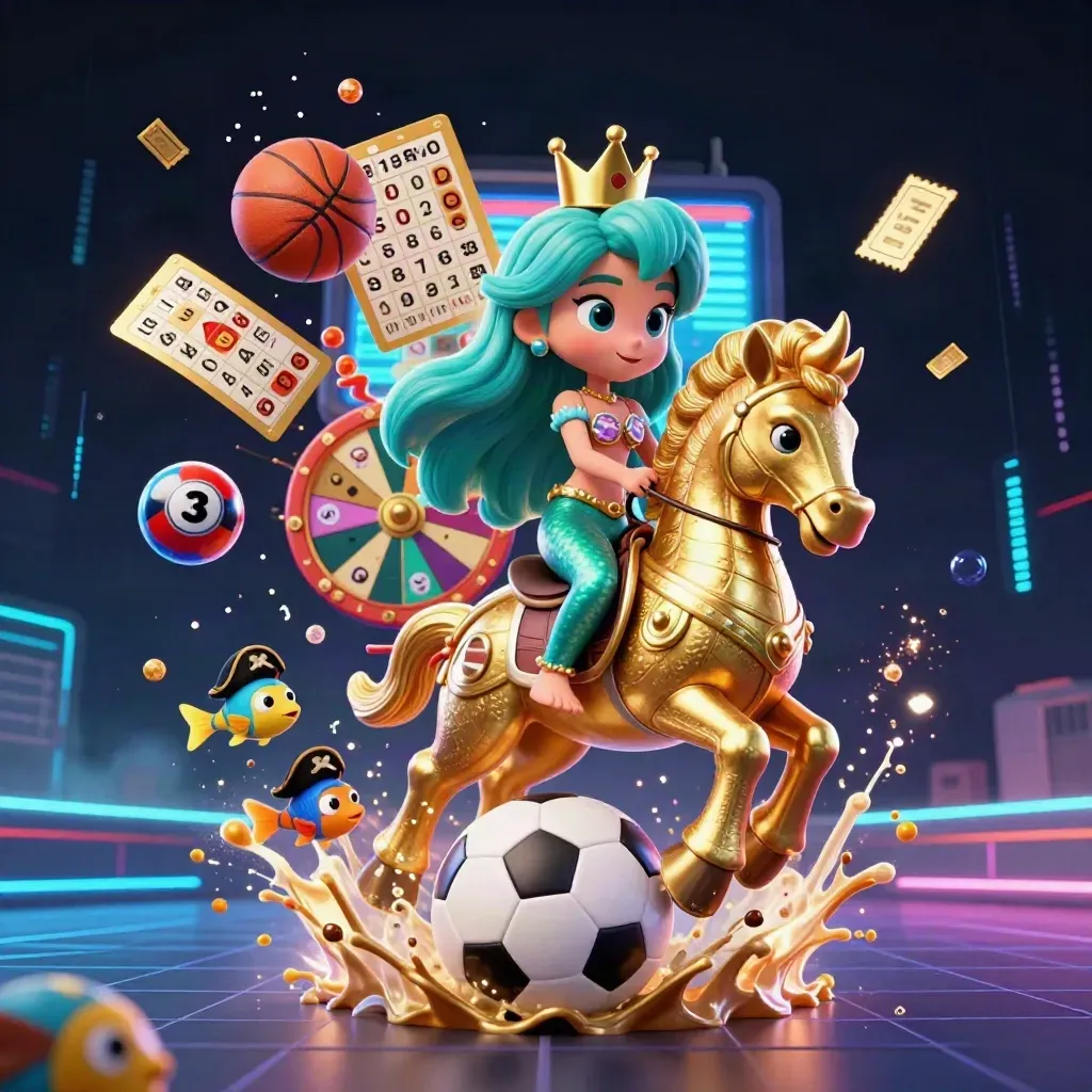 Mermaid princess on a golden seahorse, soccer ball burst, lottery and casino icons, neon navy glow.