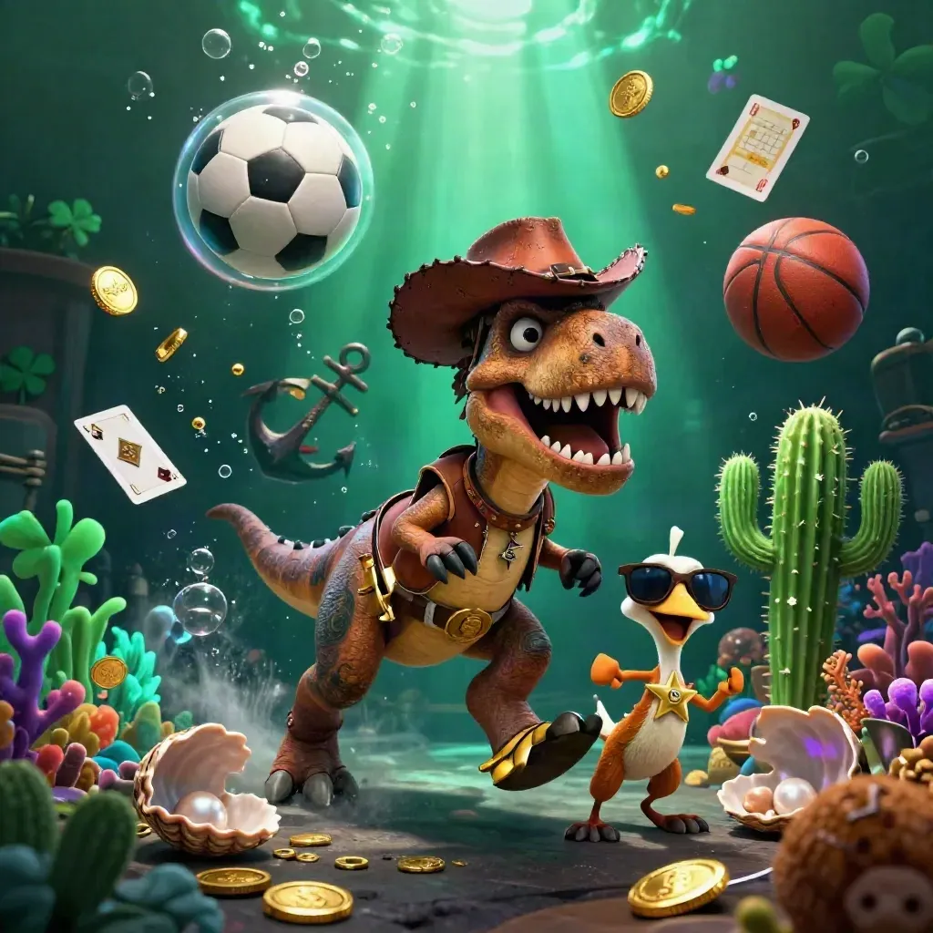 Cowboy T-Rex, cactus sidekick and roadrunner amid underwater coin spray and flying balls