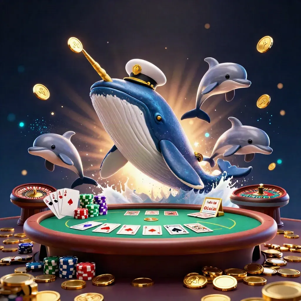 Whale captain, narwhal and dolphins in a luxe casino scene with coins, brass and glowing light.