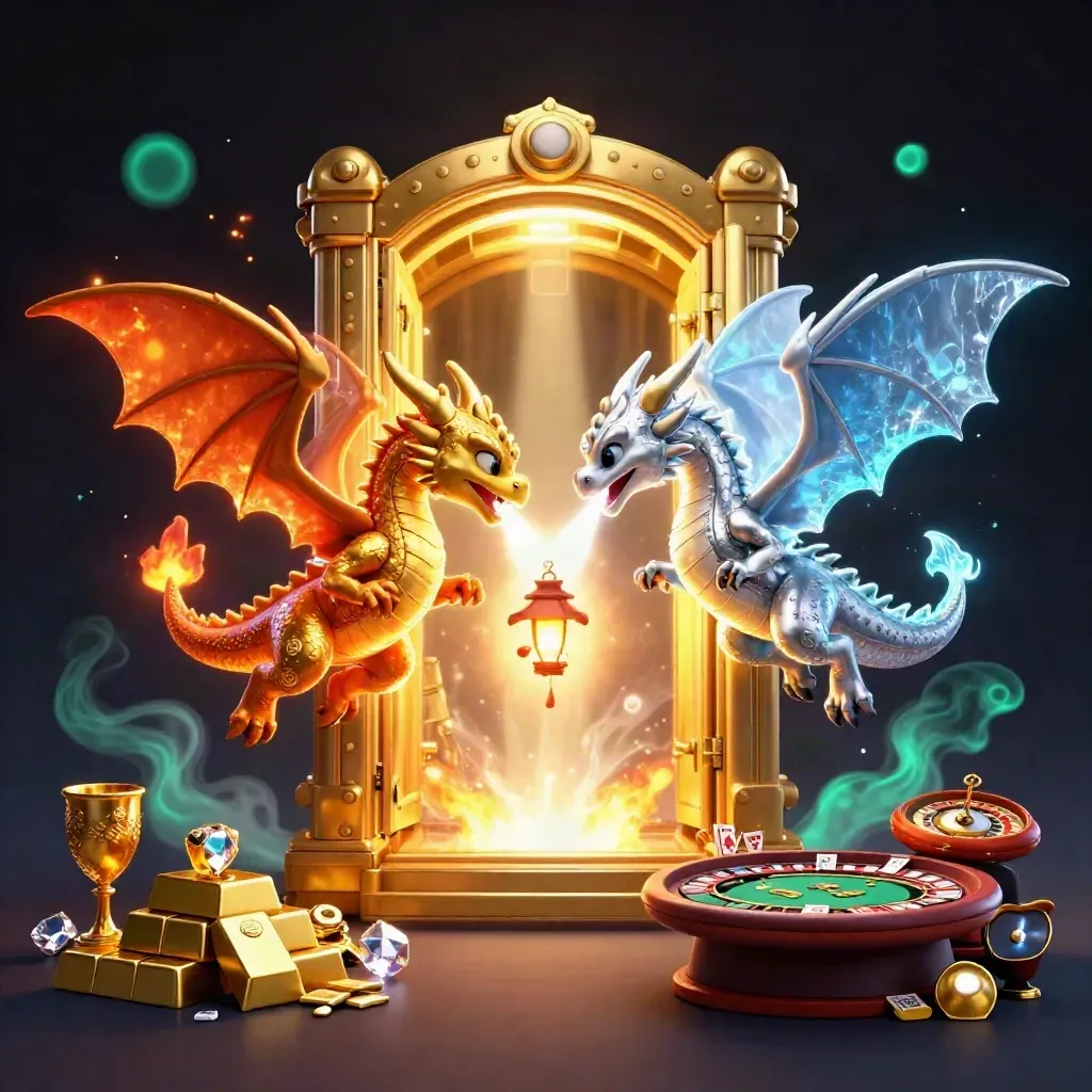 Twin gold and silver dragons spiral around a glowing vault in a luxe casino scene.