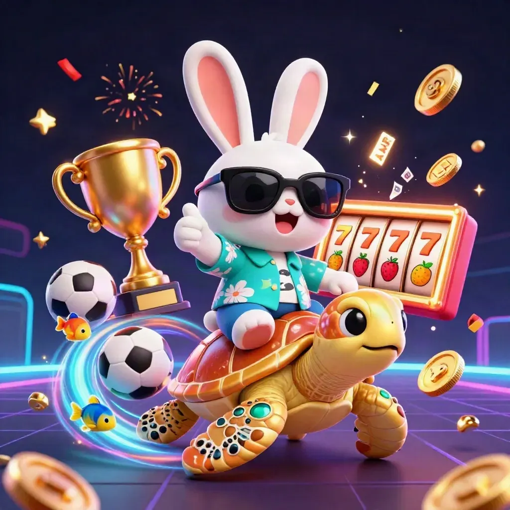 Lucky rabbit rides a golden turtle amid casino treasure, sports balls, and neon fireworks.