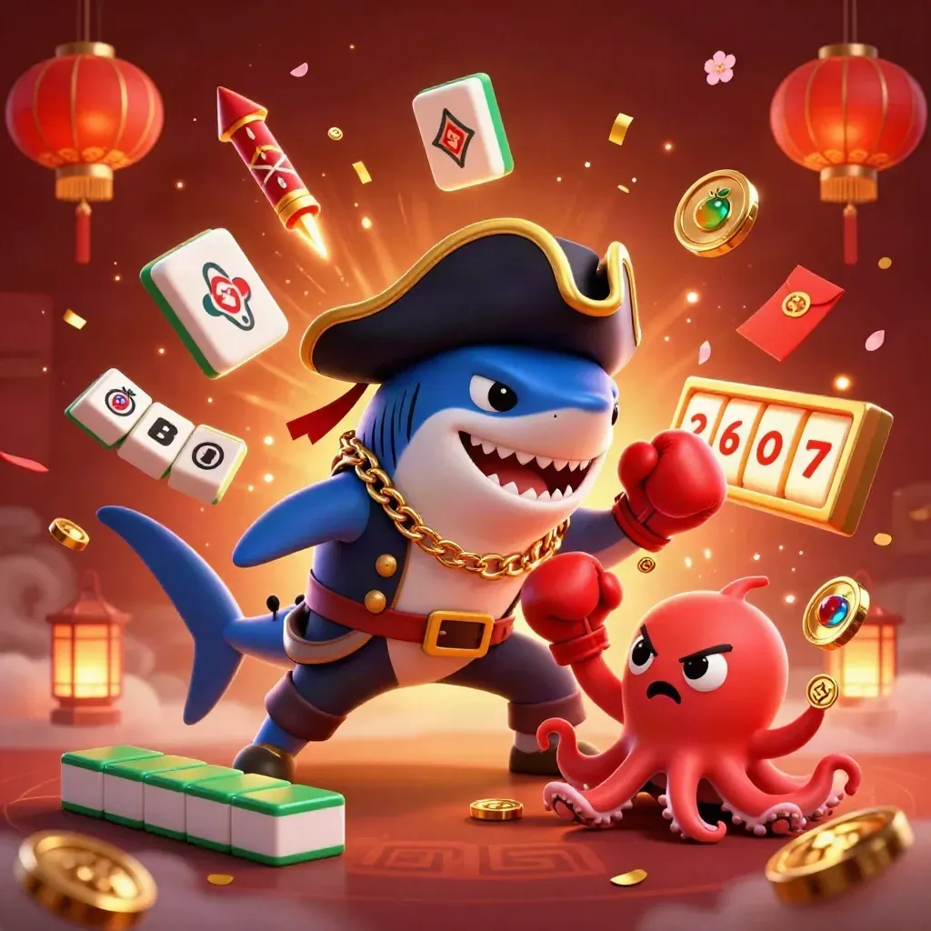 Pirate shark, boxing pufferfish, and juggling octopus amid coins, lanterns, and casino sparks.