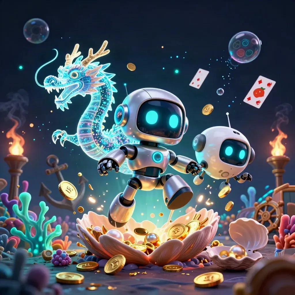 Cyberpunk robot, holo dragon and coin drone in a neon underwater treasure cove.