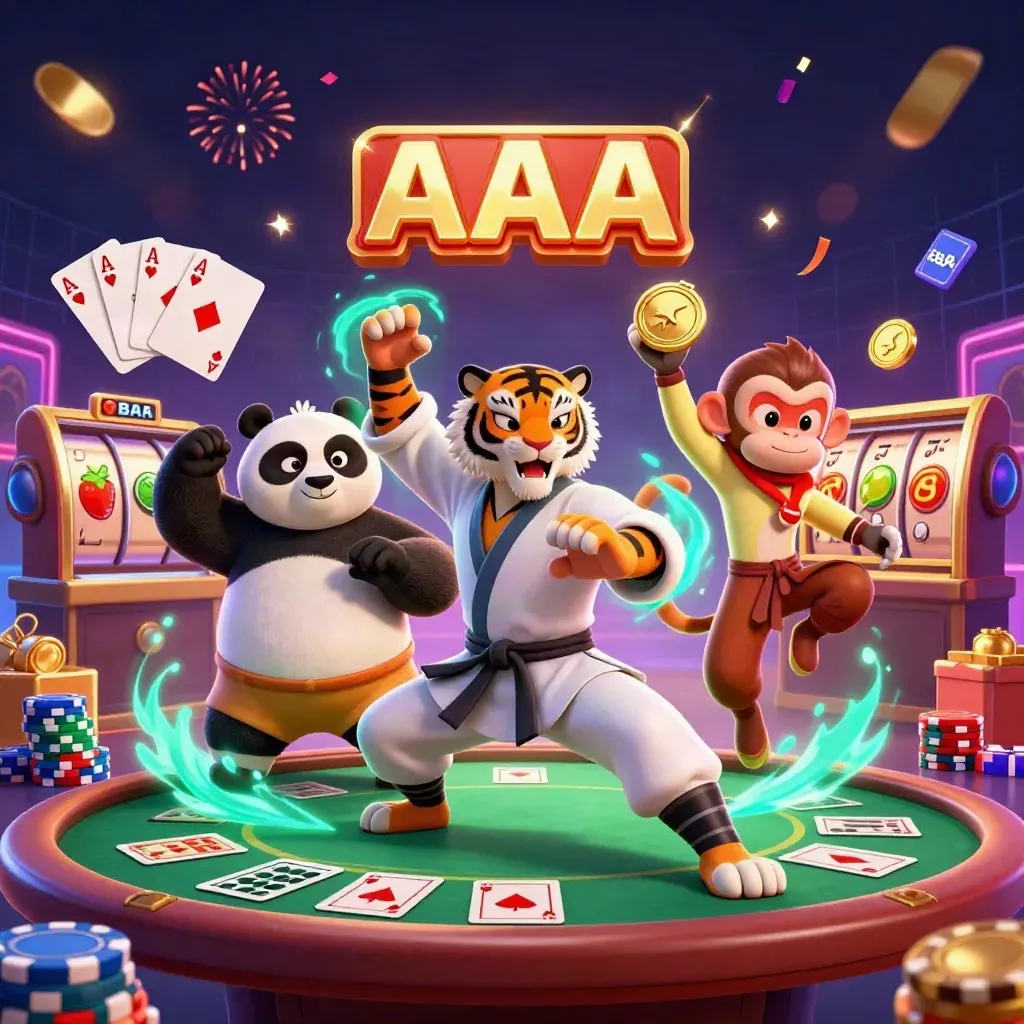 Tiger, panda, and monkey kung-fu heroes amid casino chips, cards, and teal magic.