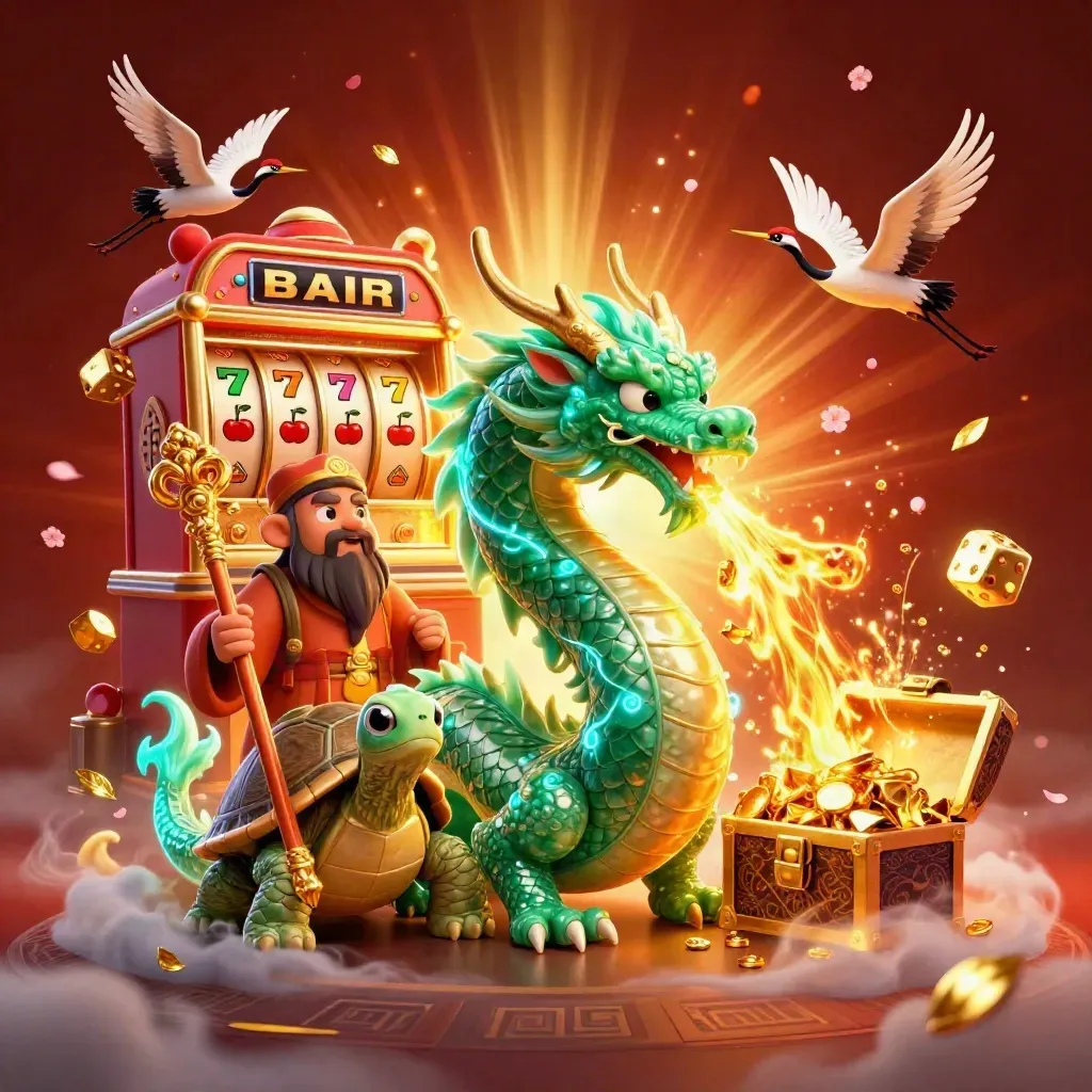 Emerald dragon, turtle sage and cranes amid a bursting slot machine and gold treasure