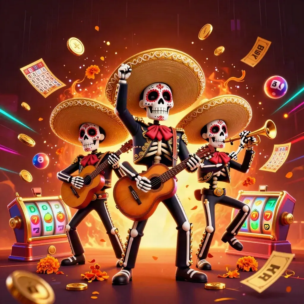 Skeleton mariachi trio amid gold coins, fireworks, slot reels and neon casino glow.
